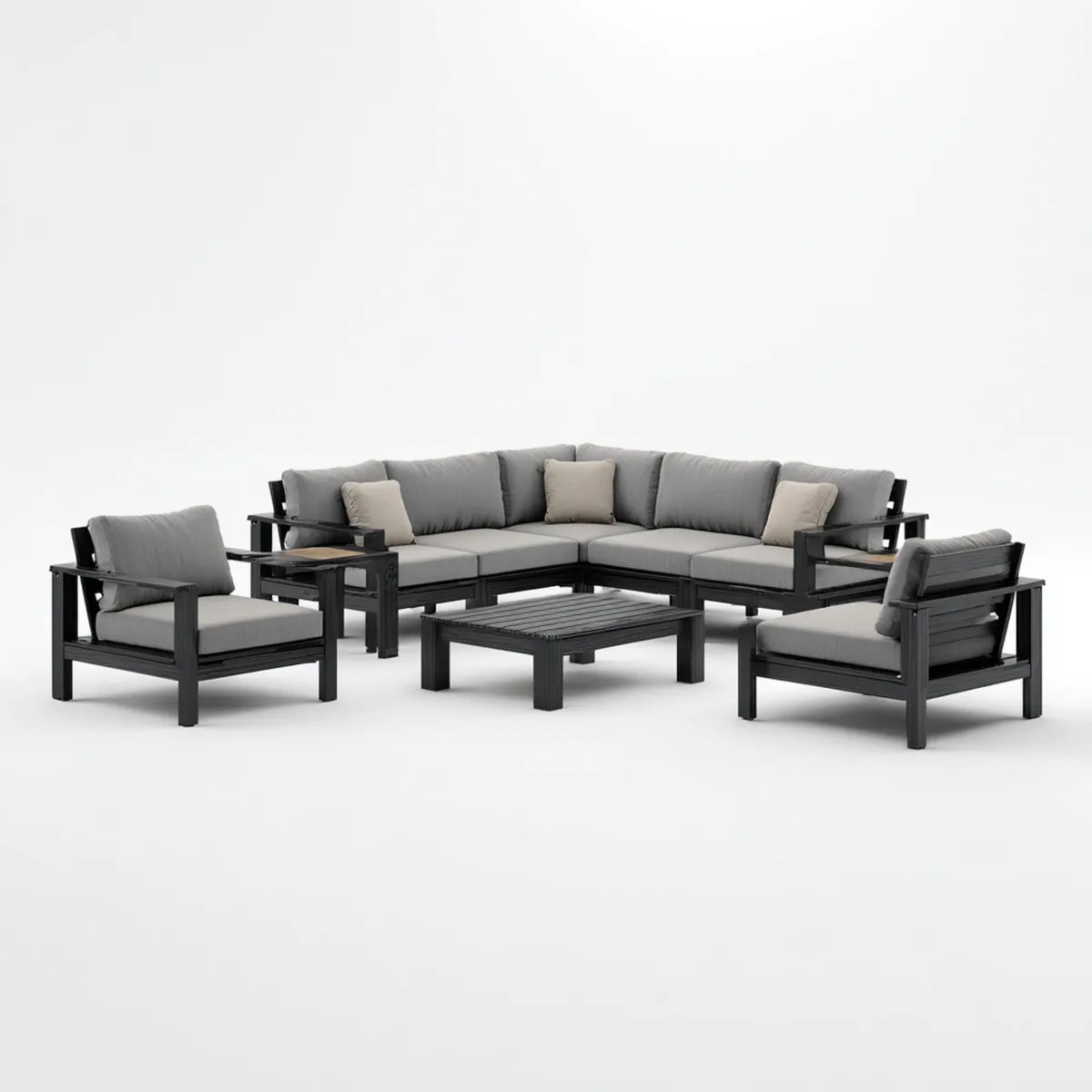 Salon de jardin d'angle 7 pièces gris et noir en aluminium avec coussins 285 x 210 cm