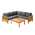 Salon de jardin d'angle 4 places en acacia massif naturel avec coussins gris et table basse 200 x 200 x 70 cm