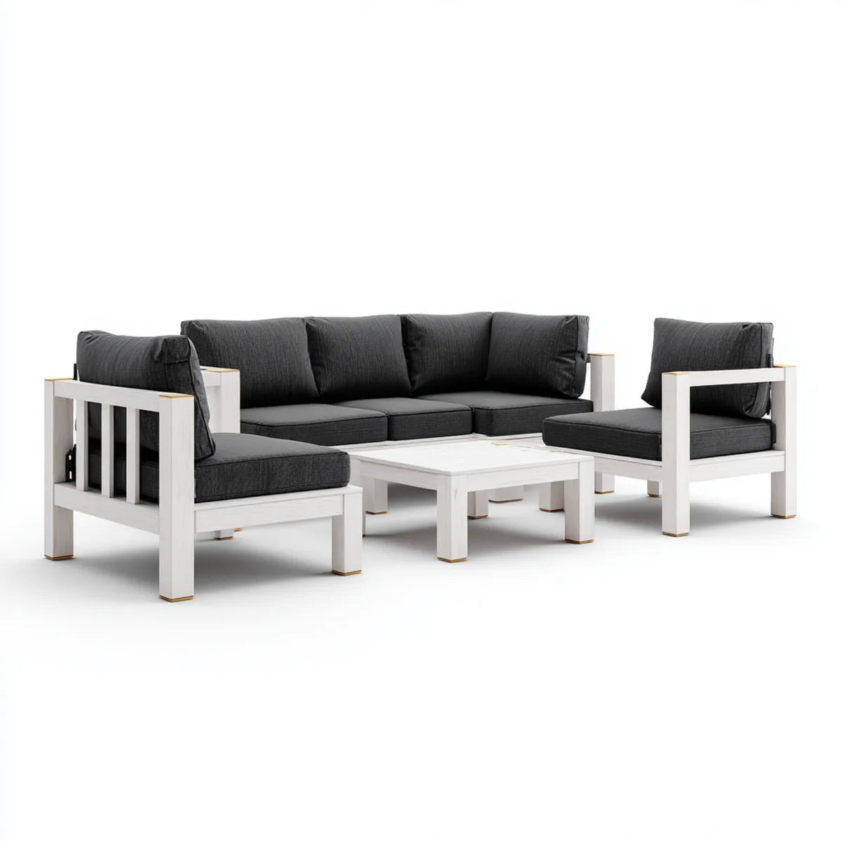 Salon de jardin 4 pièces blanc et anthracite en bois massif d'acacia avec coussins 3 places 2 fauteuils table basse rectangulaire