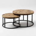 Lot de 2 tables d'appoint rondes gigognes marron naturel noir diamètre 80 x 45 cm et diamètre 60 x 35 cm placage de chêne acier