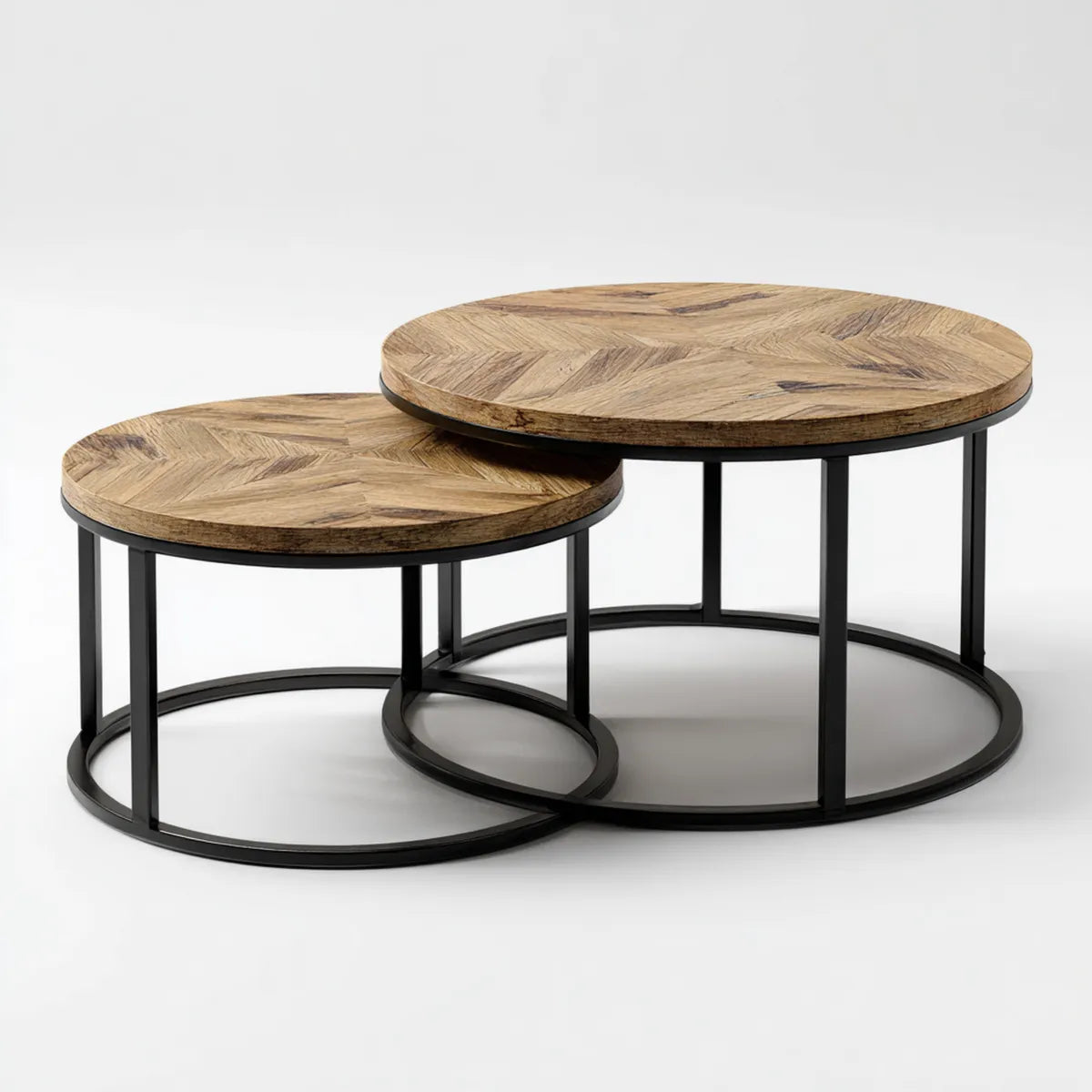 Lot de 2 tables d'appoint rondes gigognes marron naturel noir diamètre 80 x 45 cm et diamètre 60 x 35 cm placage de chêne acier
