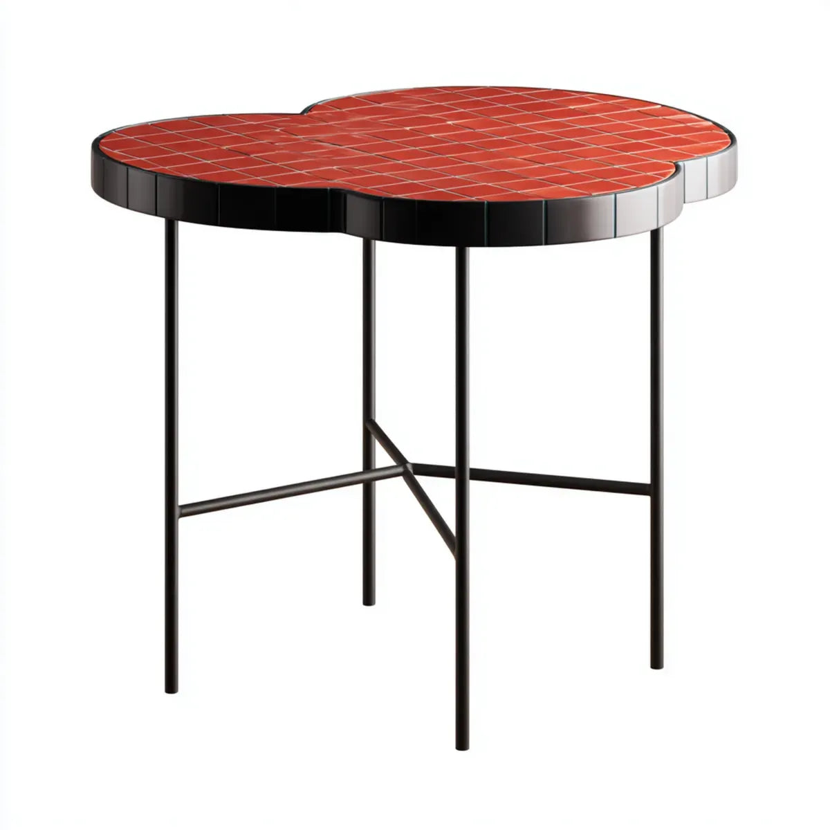 Table d'appoint rouge et noire en carreaux de céramique et acier forme trèfle 100 x 75 x 75 cm