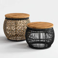 Lot de 2 tables d'appoint rondes noir et naturel en bois massif de manguier et rotin Ø 50 x H 50 cm et Ø 40 x H 40 cm