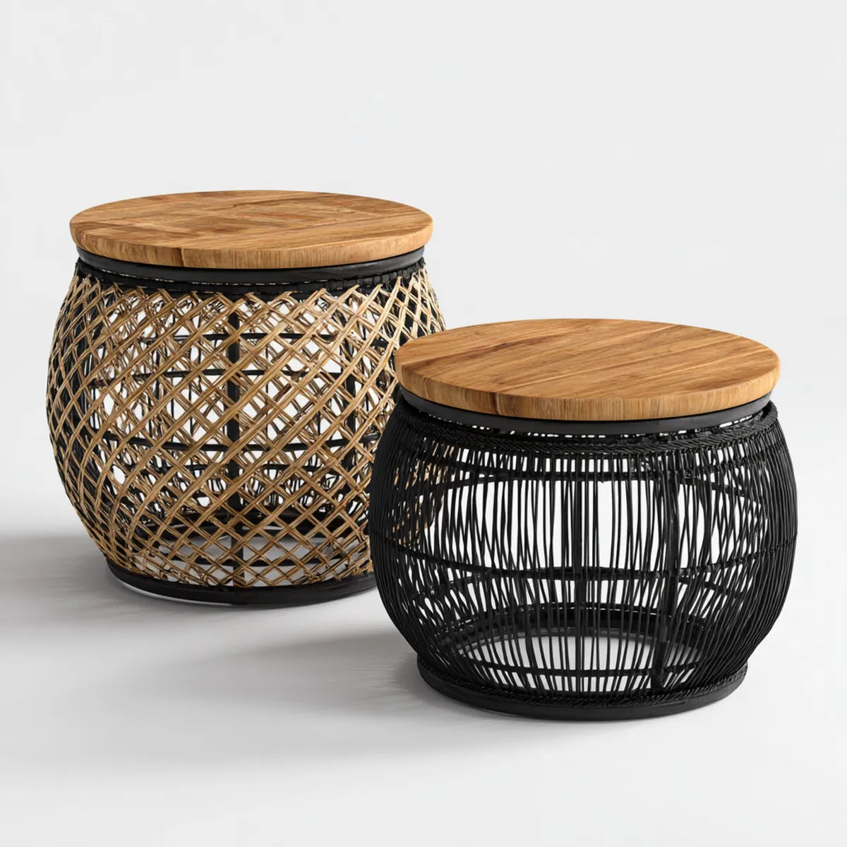 Lot de 2 tables d'appoint rondes noir et naturel en bois massif de manguier et rotin Ø 50 x H 50 cm et Ø 40 x H 40 cm