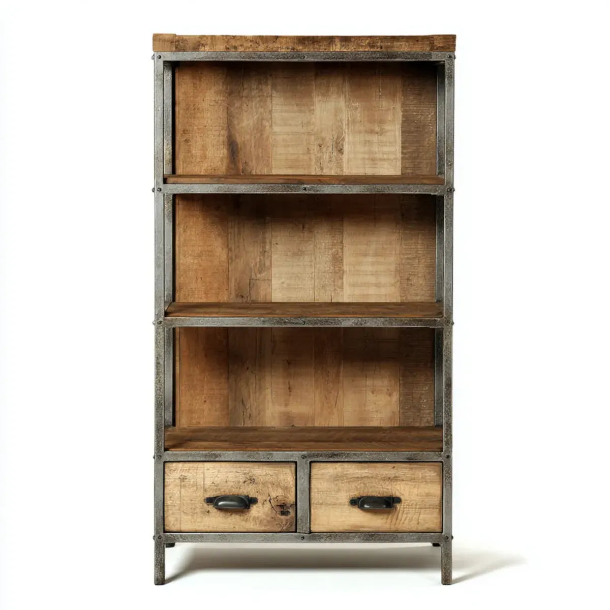 Bibliothèque industrielle 3 étagères 2 tiroirs marron gris 80 x 40 x 180 cm en bois massif de manguier et acier rectangulaire