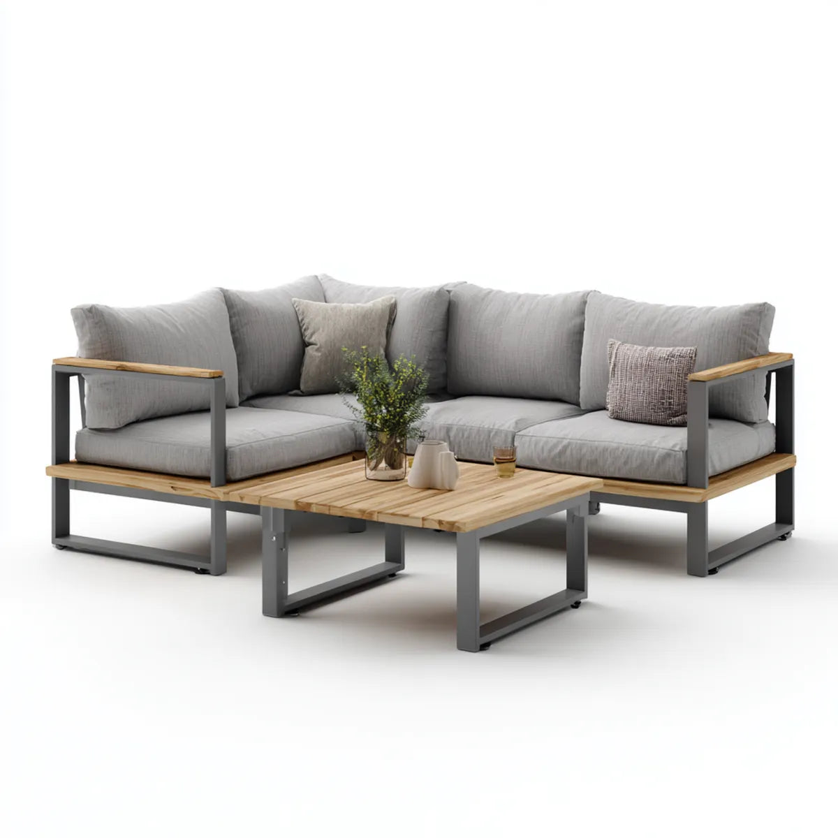 Salon de jardin d'angle 5 places gris avec table basse en acier et acacia 240 x 240 cm