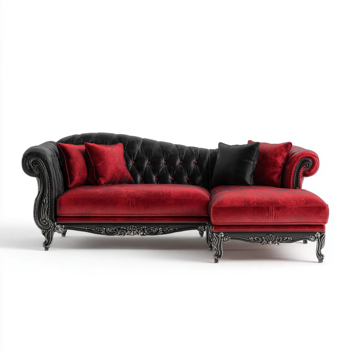 Canapé d'angle 3 places rouge et noir en velours de polyester forme L 280 x 170 x 85 cm