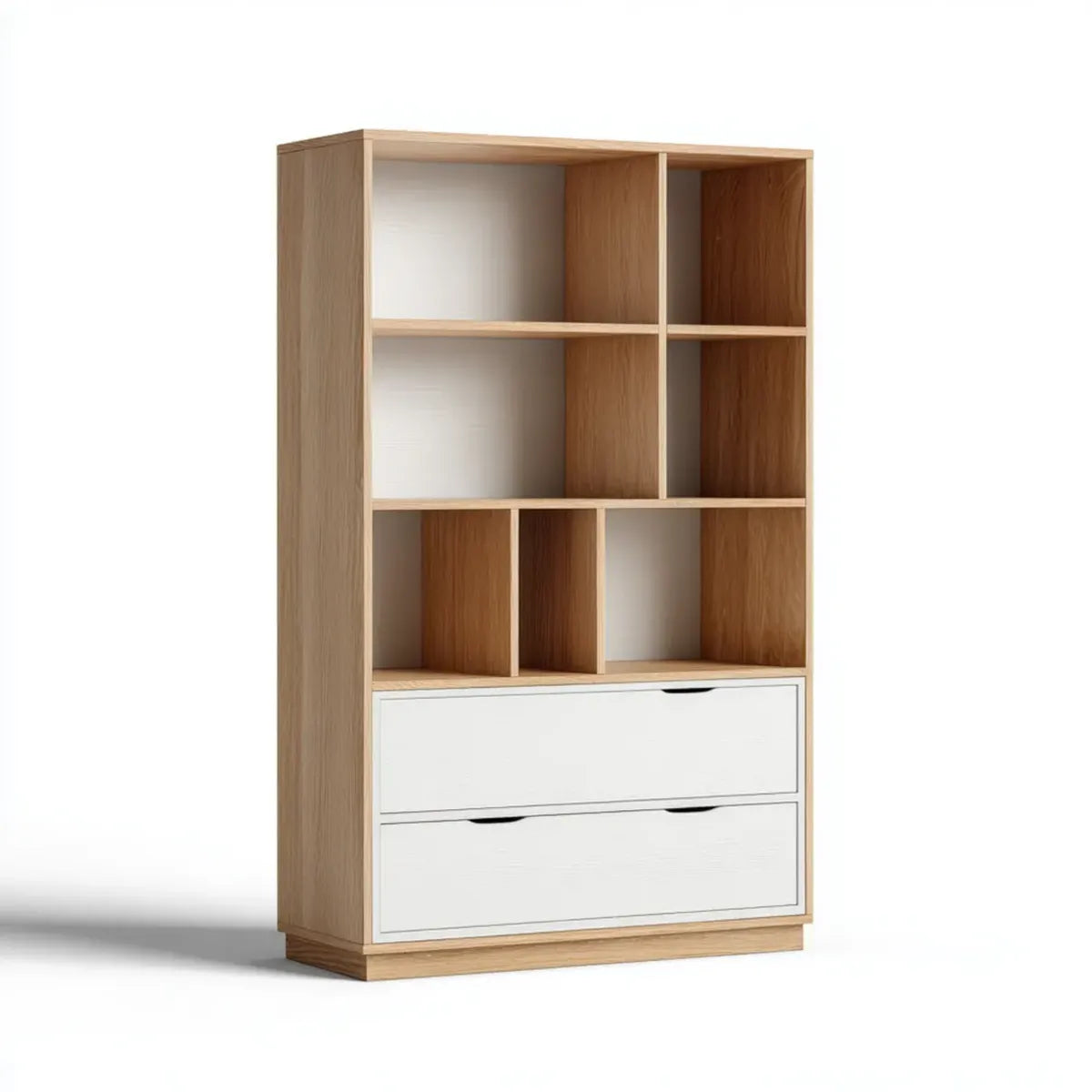 Bibliothèque de rangement à 8 compartiments avec 2 tiroirs blanc et chêne 90 x 35 x 180 cm en panneaux de particules et MDF rectangulaire